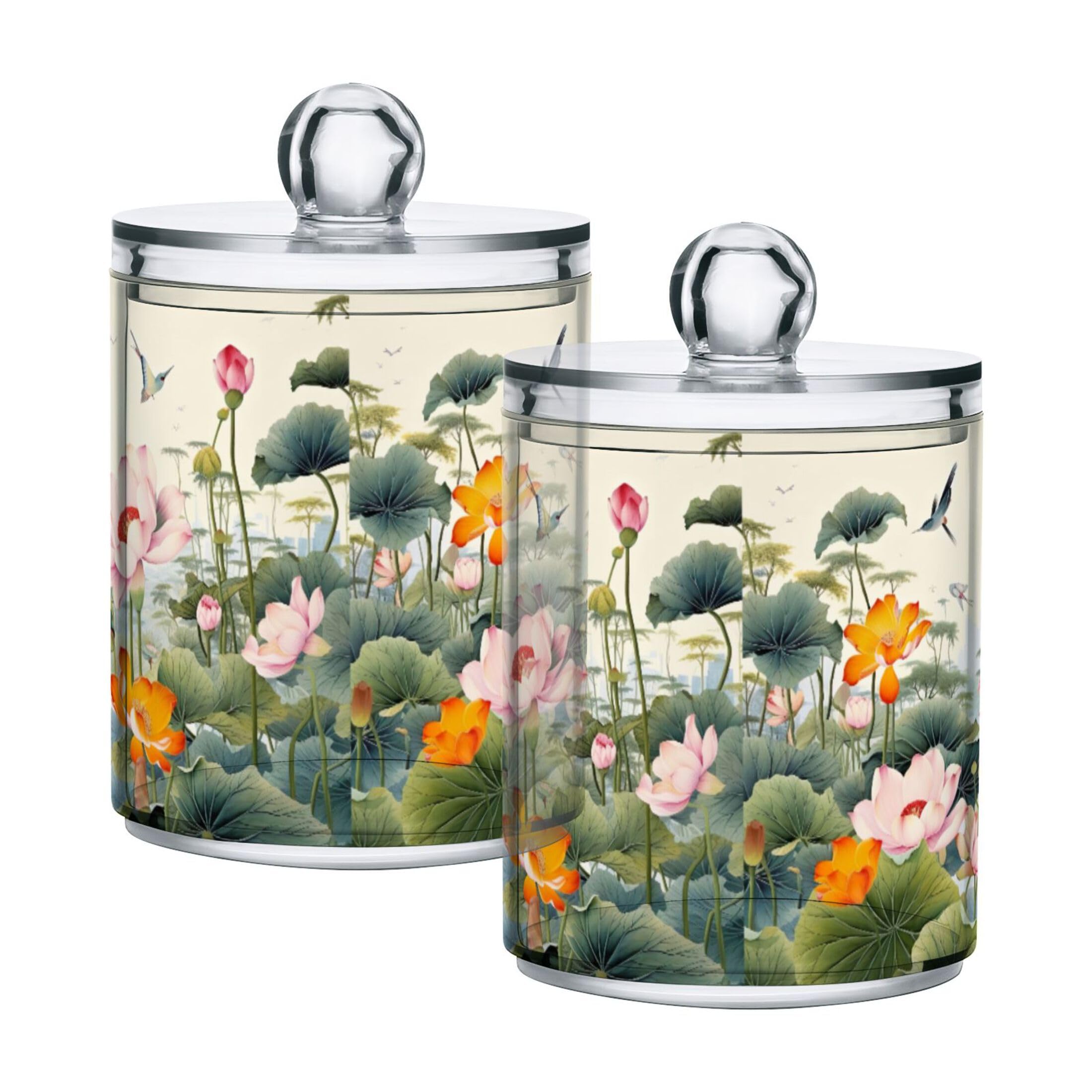 Kigai Lotus Pond Flowers Qtip Holder Dispenser 4 Pack Plastic Apothecary Jar Storage Organization Bathroom Vanity Makeup Storage Organization for Cotton Ball Swab Pad