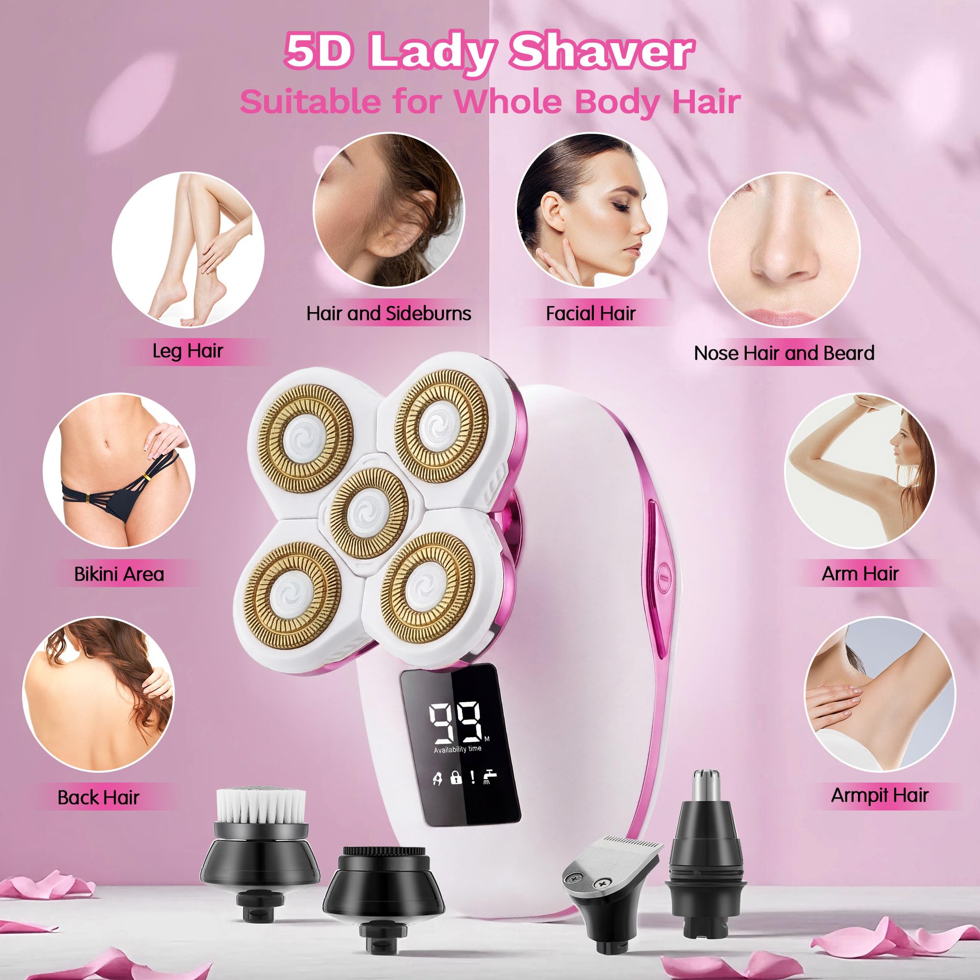 5-in-1 Electric Razor for Women, Wet/Dry Rechargeable Lady Shaver