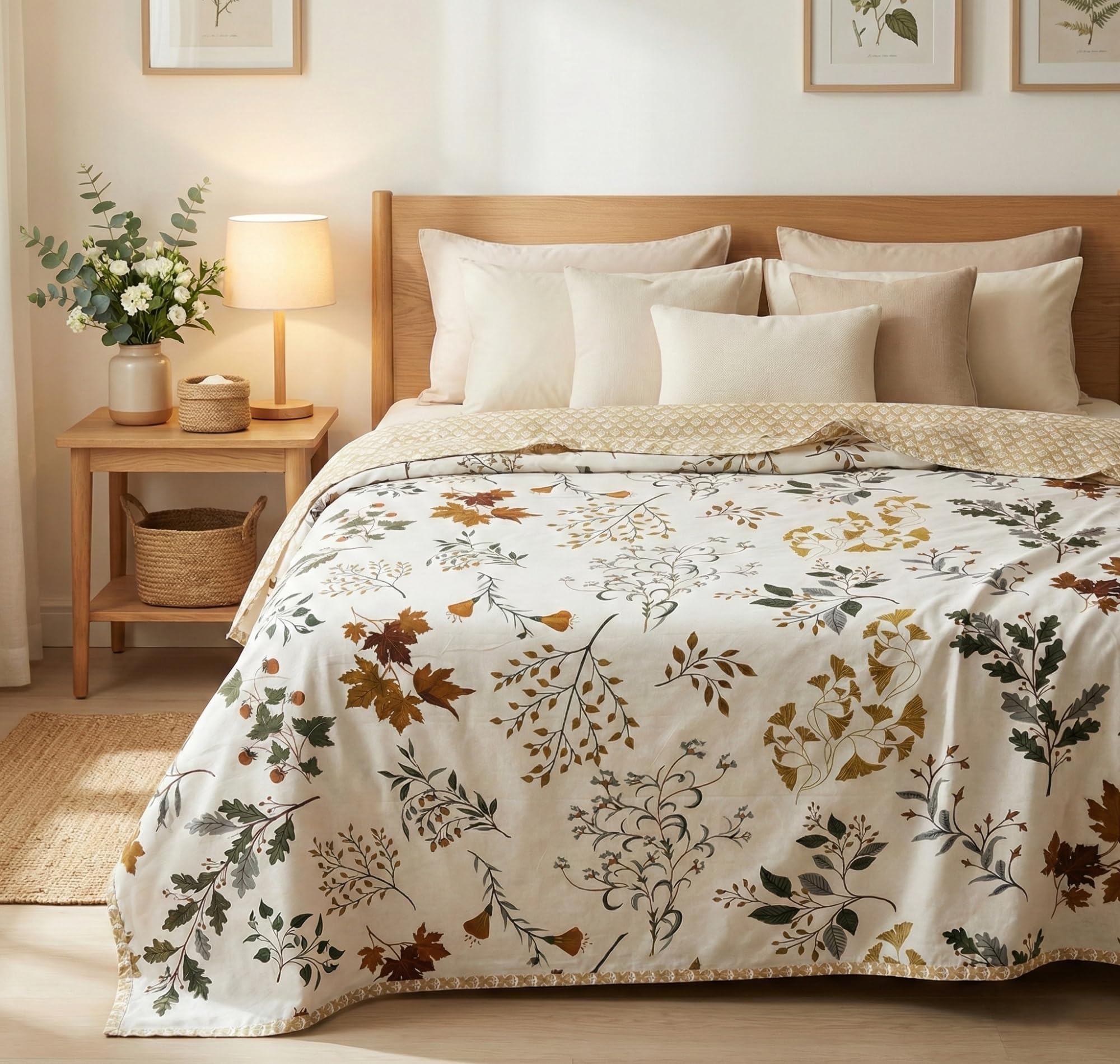 HOMEKART Cotton AC Blanket for Single Bed (152 x 225 cm) | Reversible Soft Lightweight All-Season Blanket | Skin-Friendly & Breathable Comforter (Nordic Leaf Beige)-image-45