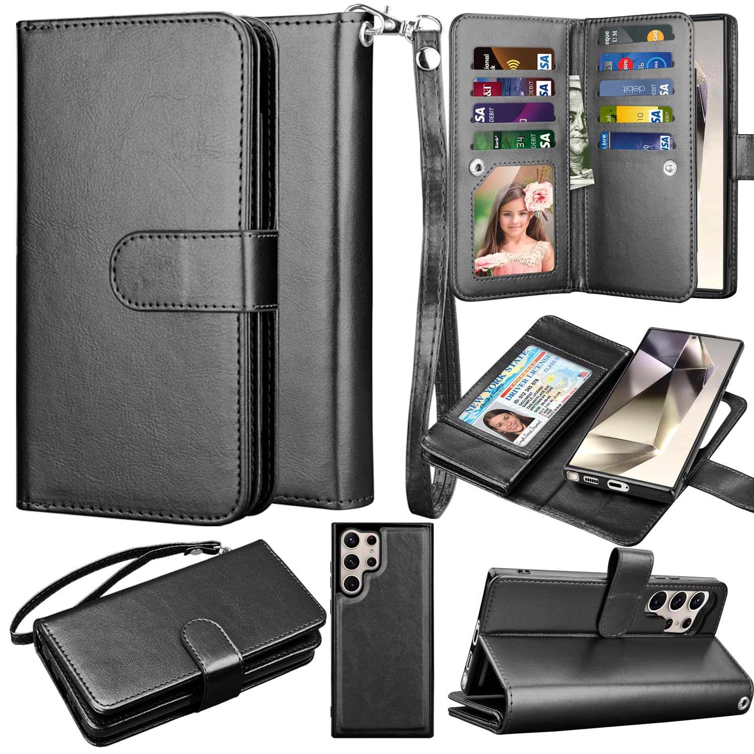 Takfox Wallet Case for Samsung Galaxy S24 Ultra, Galaxy S24 Ultra 5G Case, PU Leather Credit Card Holder Case [9 Card Slots] Folio Flip Detachable Magnetic Cover Kickstand & Carrying Strap, Black