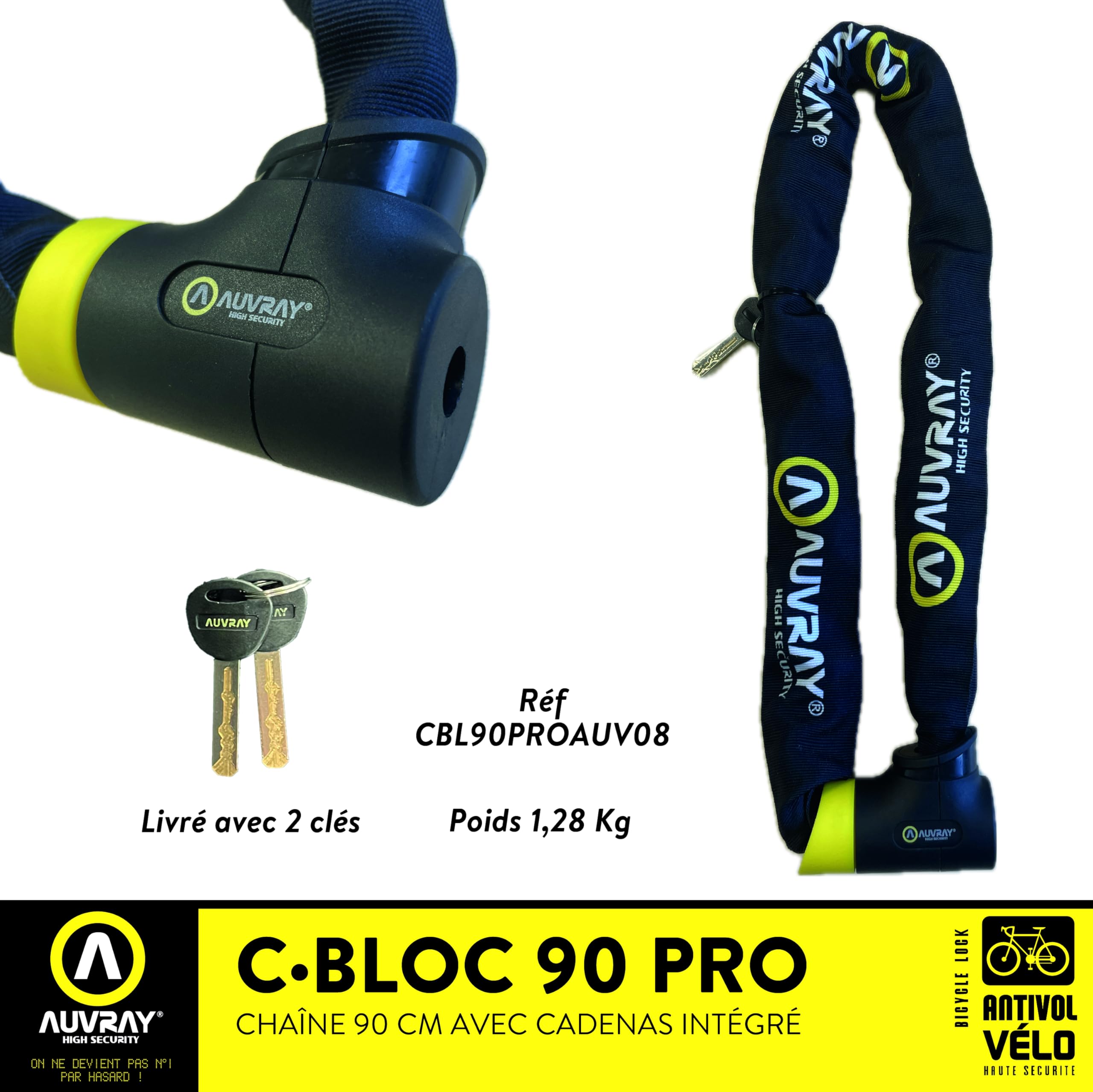 AUVRAY - Antivol vélo chaîne C·BLOC 90 PRO - Certifié ART 4234 - Niveau de sécurité 7/10 - Recommandé par les Assureurs - Chaîne acier cémenté Ø8,5mm - Longueur 90cm - Cadenas intégré haute sécurité