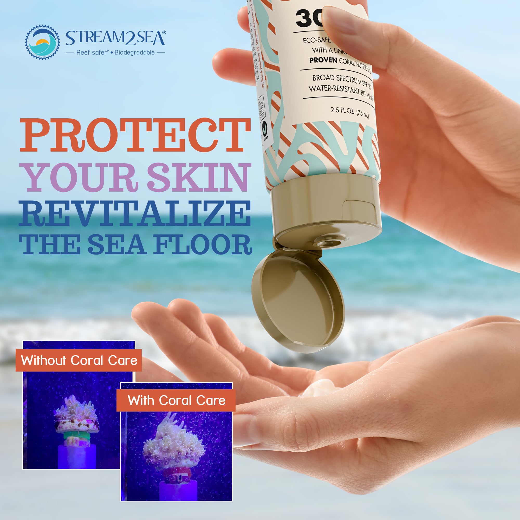 STREAM2SEA Soin des coraux – Crème solaire sûre contre les récifs SPF 30 Taille voyage – Première protection solaire minérale testée contre les récifs – Favorise la croissance des coraux – Imperméable