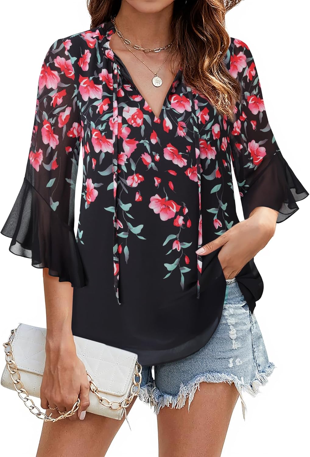 Lotusmile Women's Dressy Casual or Work Business Blouses Trendy Ruffle Neck Shirts 3/4 Sleeve Chiffon Tops - Image 4