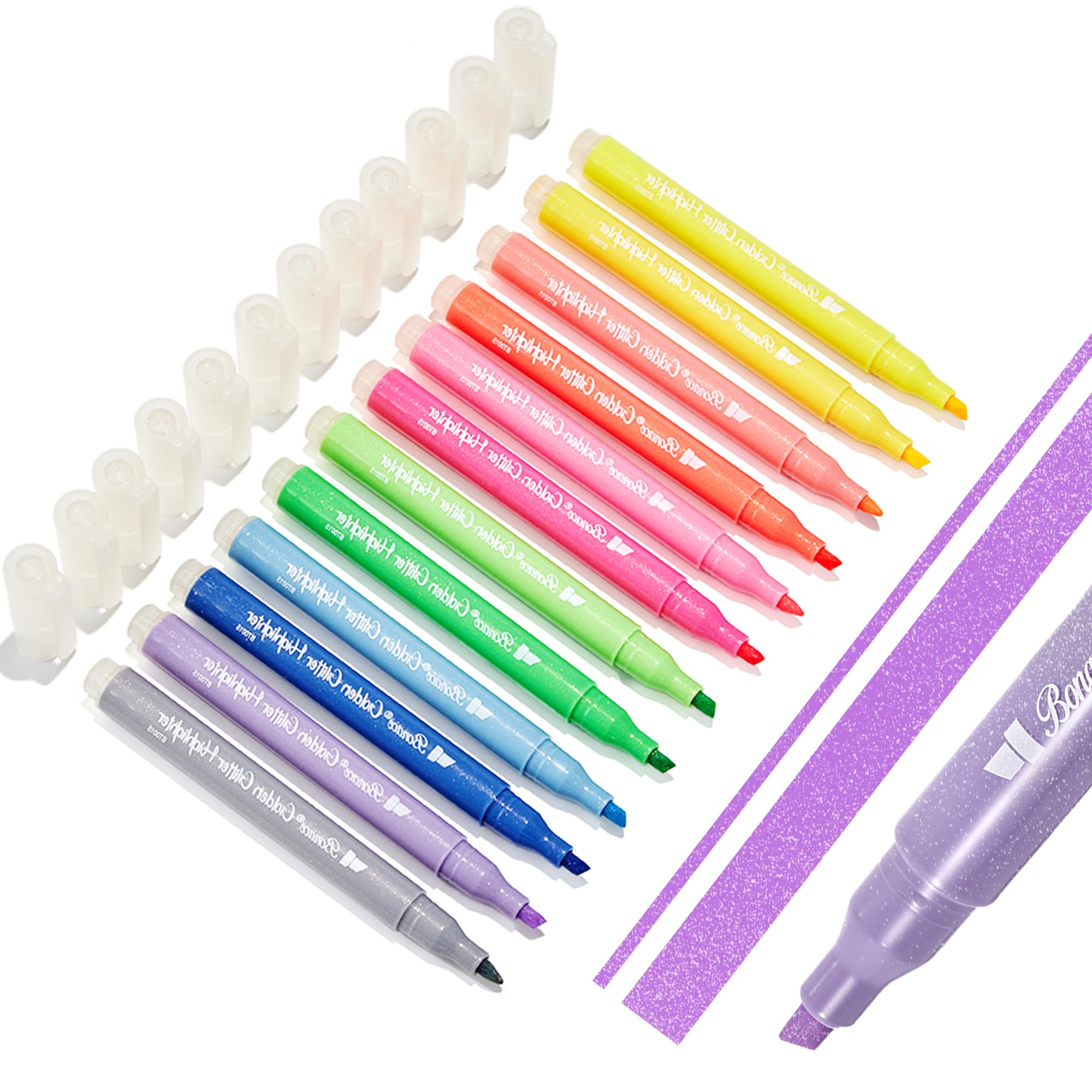 View 1 of BONACE Gold Glitter Highlighters, 12 Colors, No Bleed Chisel Tip Marker