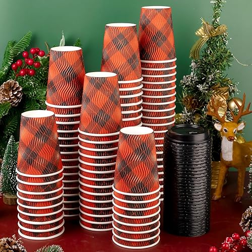 Miniatura 4 de 100 tazas de Navidad con tapa, tazas de café desechables de 12 onzas a granel, tazas de papel de pared onduladas aisladas, tazas de té navideñas