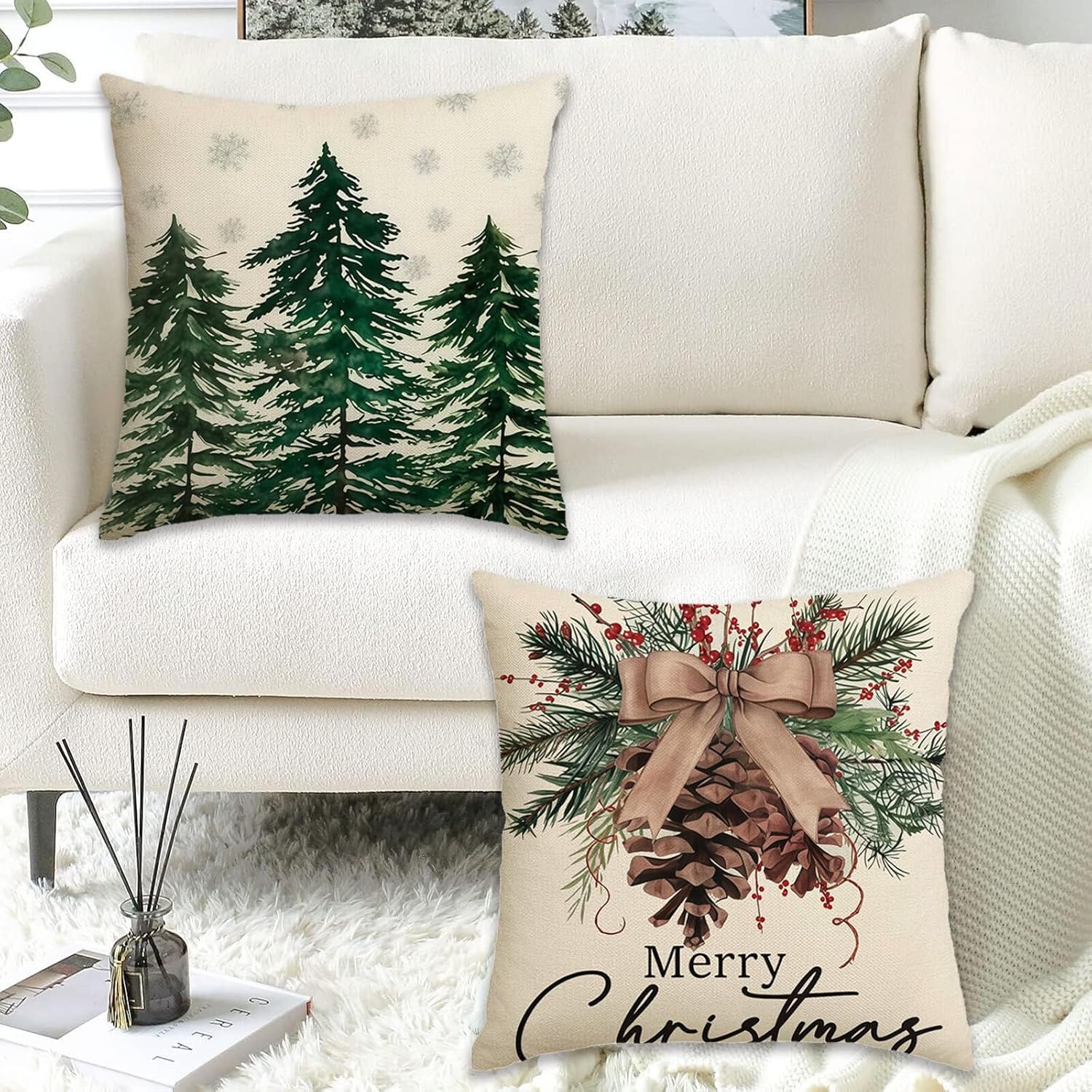 Merry Christmas Trees Pillow Covers 18 x 18 Inch,Set of 4 Decorative Snowflake Xmas Red Berries Hello Winter Designs for Seasonal Winter Decoration Couch Sofa Bedroom Living Room Decor - Image 6