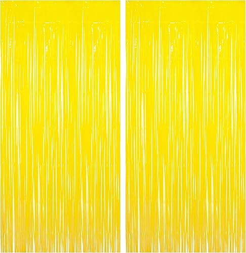BRAVESHINE Telón de fondo de cortina de flecos de papel de aluminio, paquete de 2 cortinas de oropel amarillo para cabina de fotos, serpentinas para