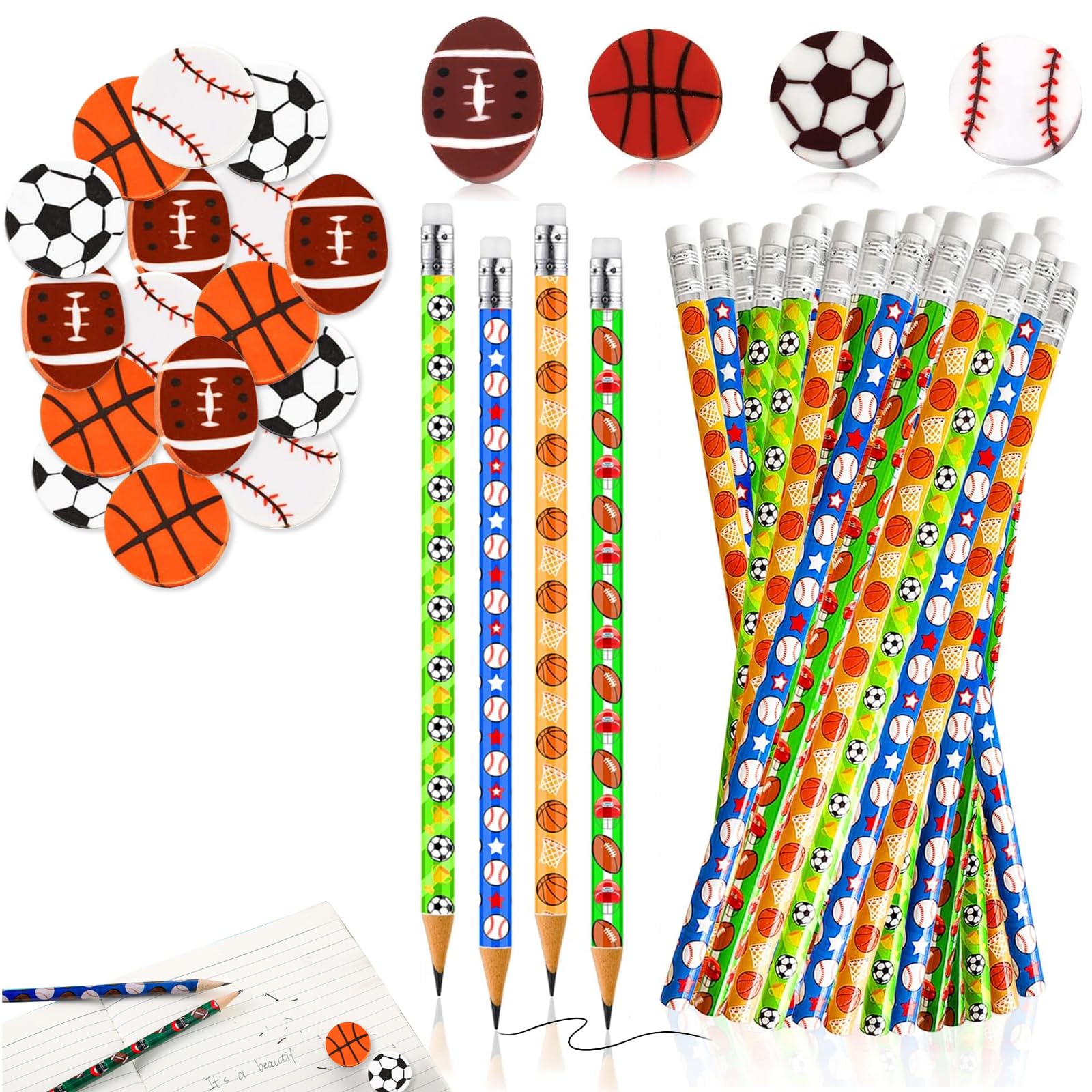 Professional Sports Fan Stationery Set - 40-Piece Office & Collectible Pencils and Erasers with 4 Team Designs (Basketball, Soccer, Baseball, Football)