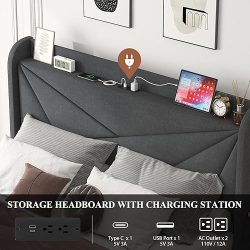 Miniatura 4 de Base de cama de almacenamiento tamaño Queen con 4 cajones de almacenamiento, base de cama tapizada con plataforma LED con cabecera con respaldo