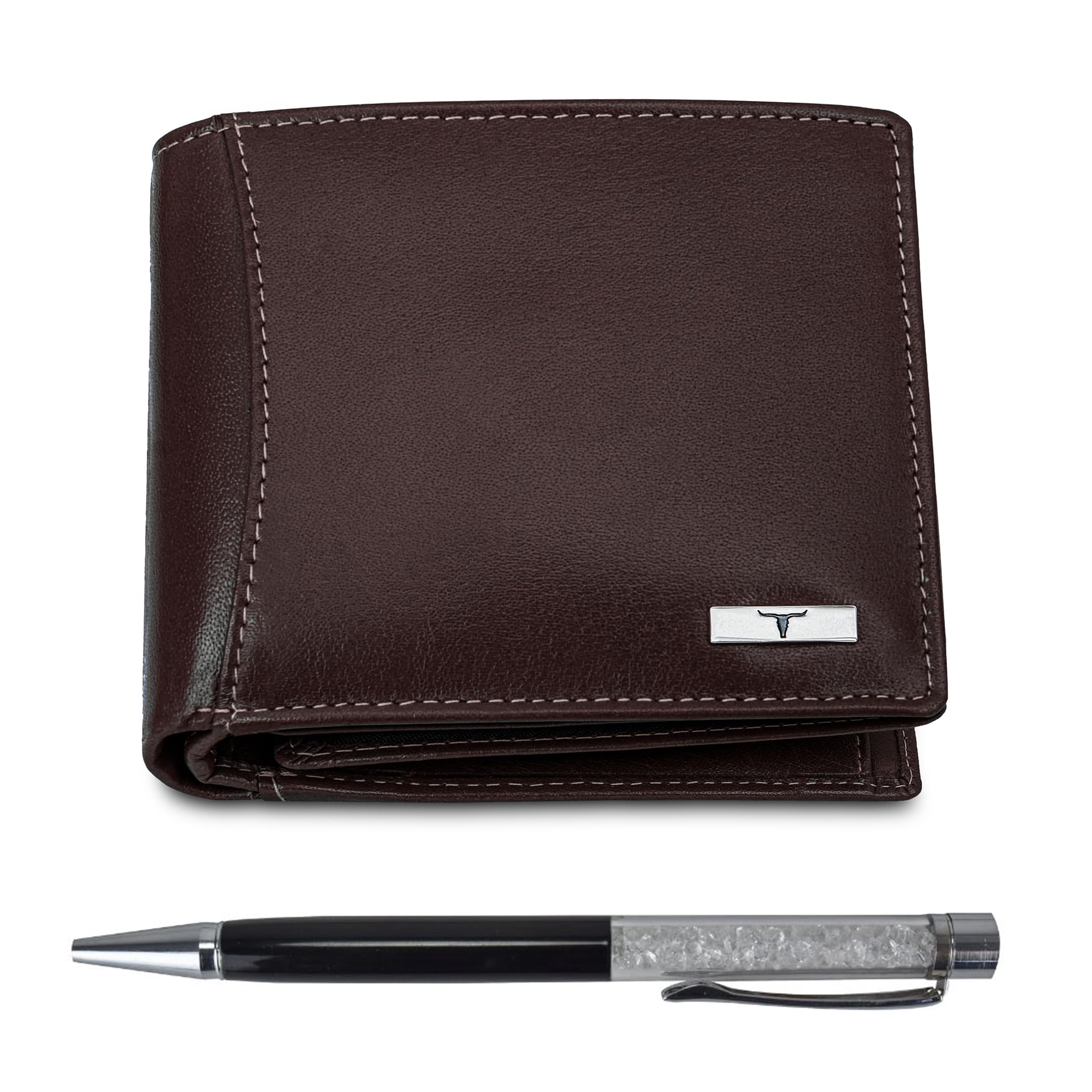 URBAN FOREST Ollin Aniline Brown Leather Wallet & Diamond Pen Combo Gift Set for Men