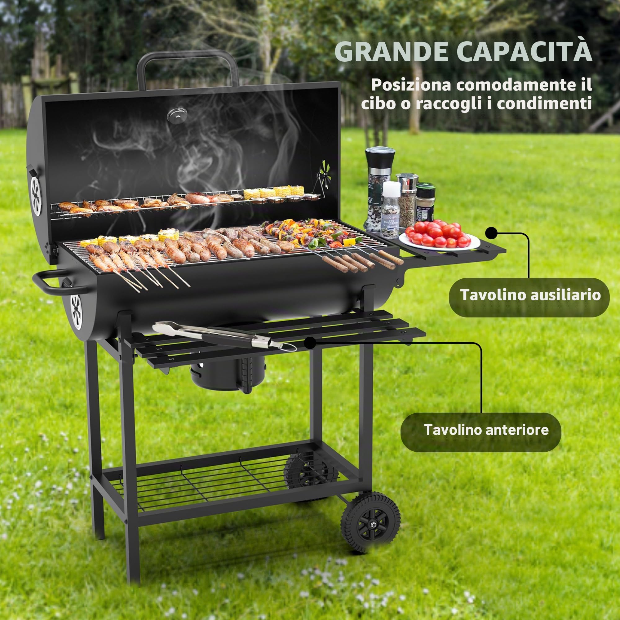 DEWINNER Barbecue a Carbone di Legno XXL con Griglia di Cottura XXL con Due Ripiani, Pinza per Carne alla Griglia, Sfiato Regolabile, Guanti Anti-Bruciore