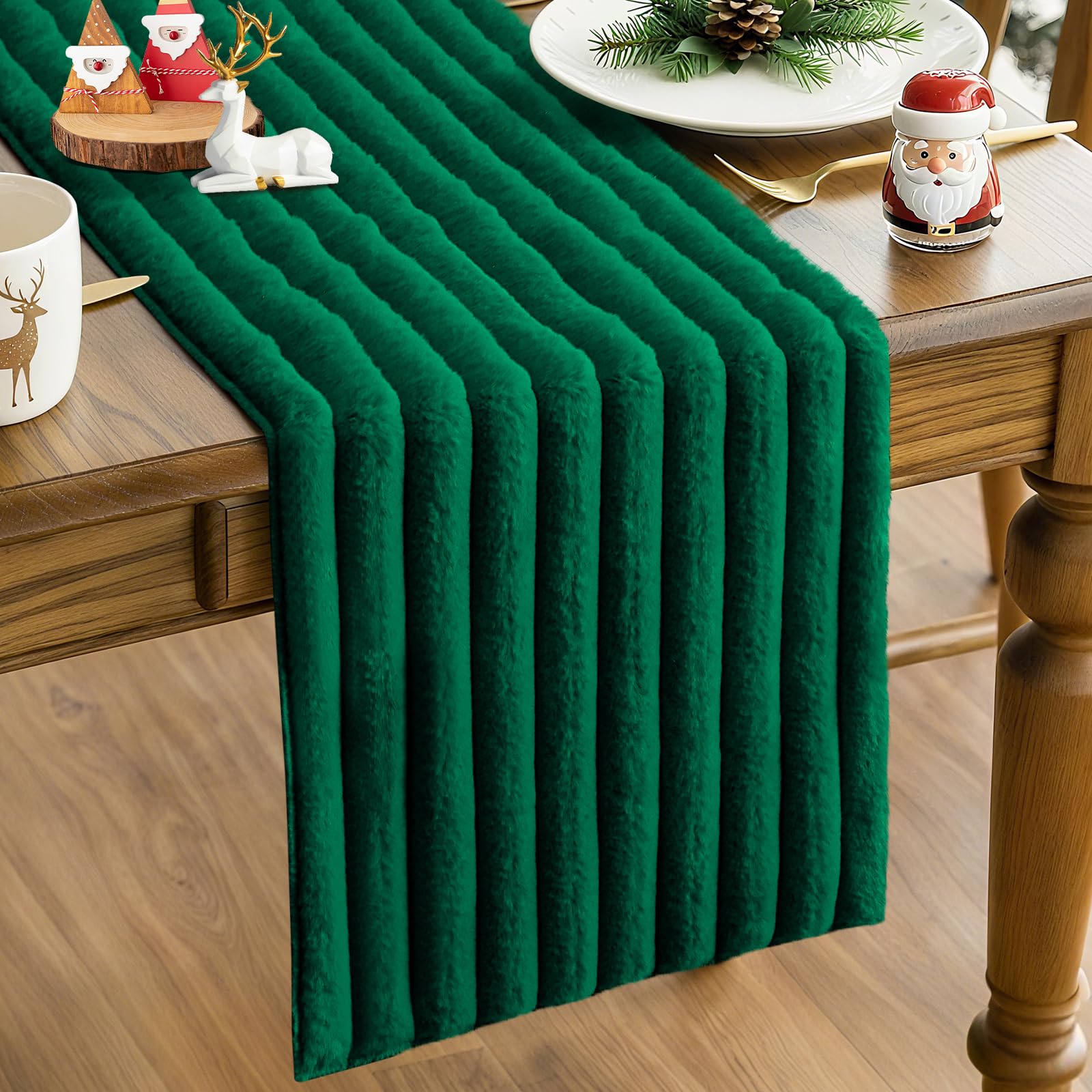 Chemin de table de Noël Sungeek en fausse fourrure verte rayée 40x300 cm