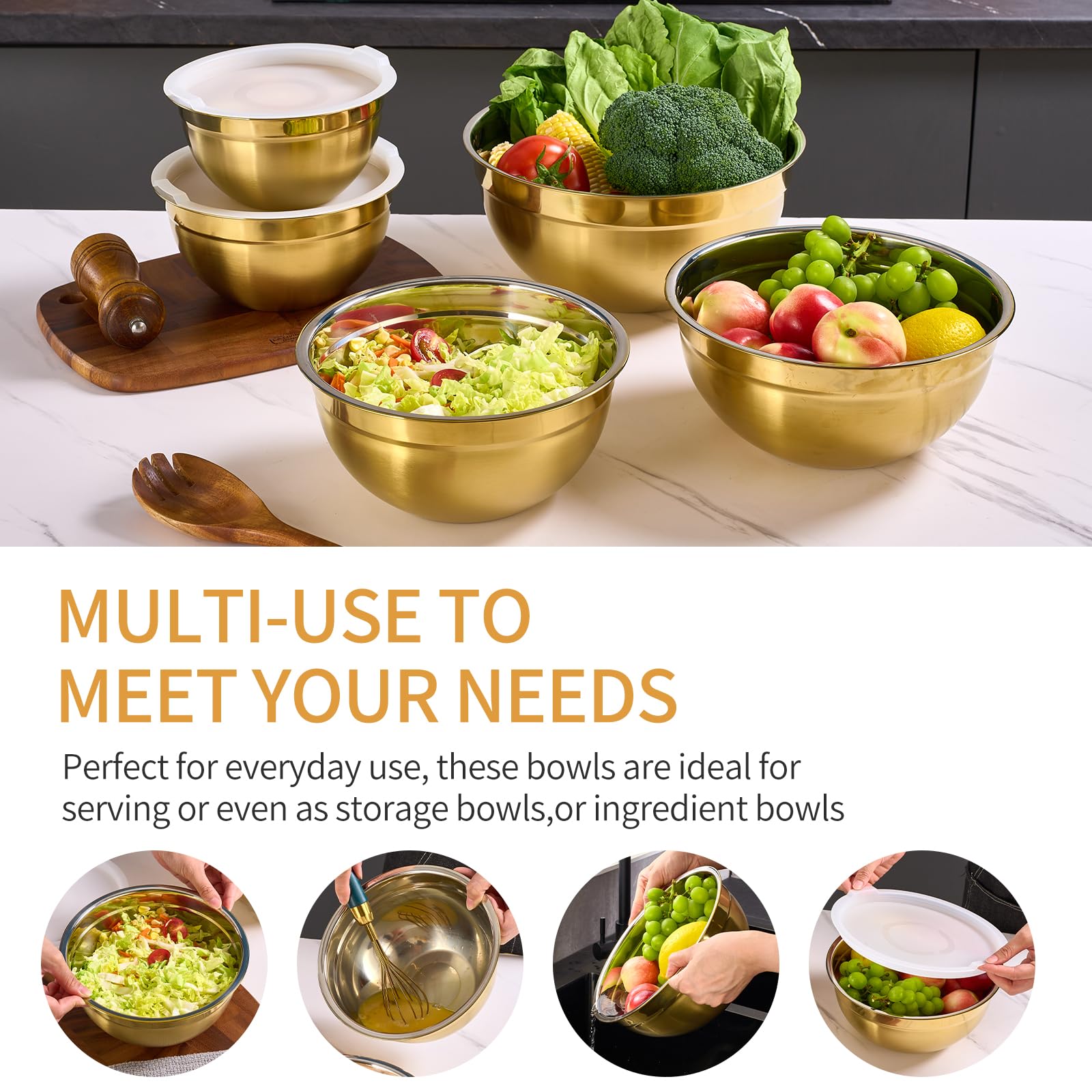 Gold Rührschüsseln mit luftdichten Deckeln, Edelstahl Nesting Mixing Bowls Set von 5 Stück, ideal zum Backen, Zubereiten und Servieren von Lebensmitteln, Größe 5,5, 3,6, 2,7, 2,1, 1,5, QT
