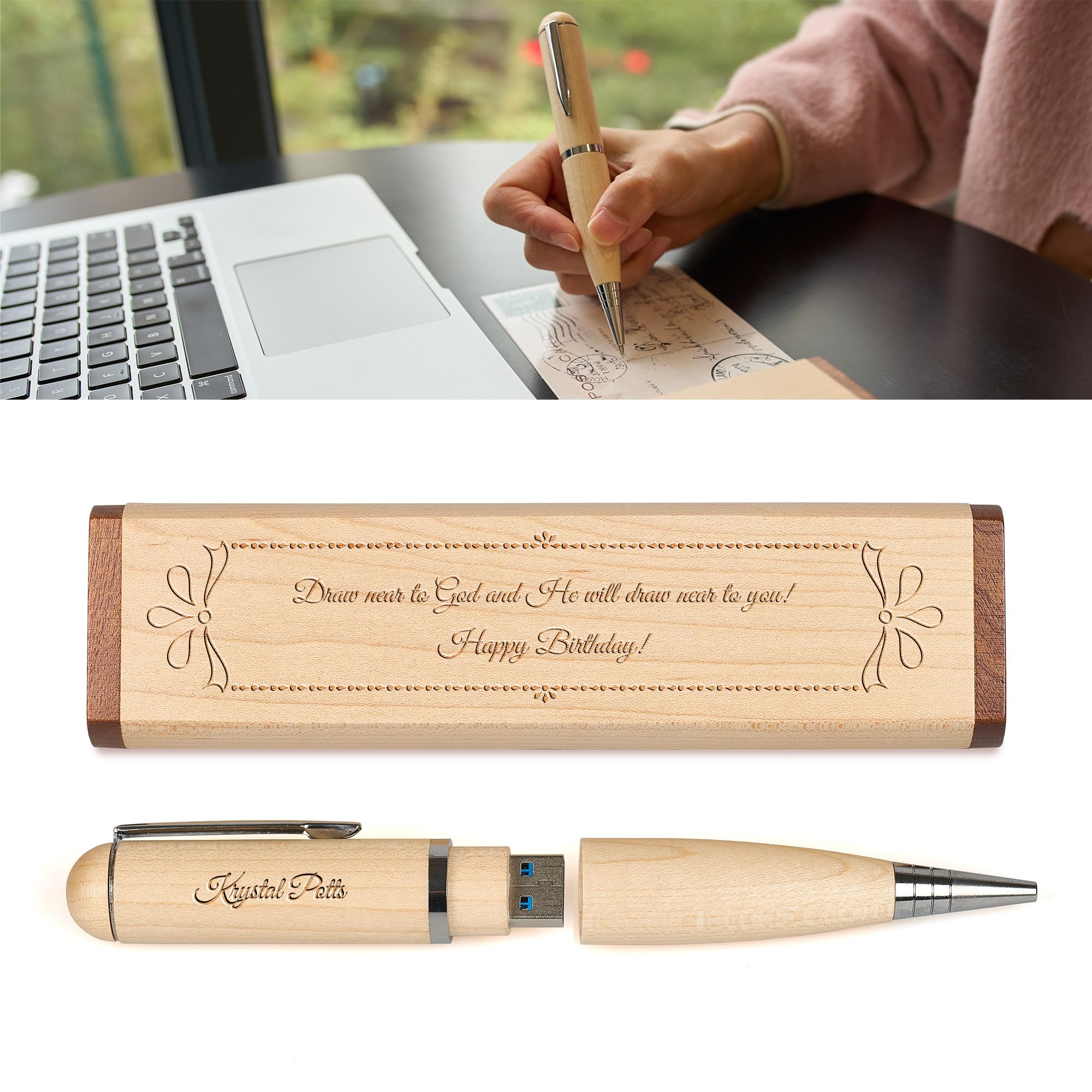Penna in legno personalizzata con chiavetta USB, chiavetta USB 3.0 in legno personalizzata con incisione con penna e scatola, memory stick portatile, penna a sfera (Frame, 256GB)