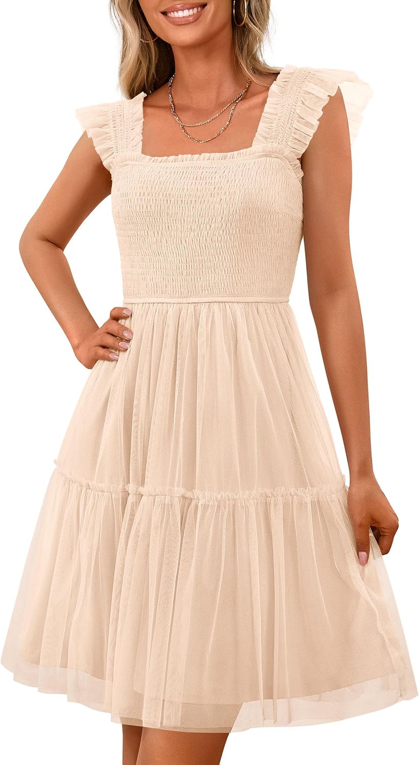 PRETTYGARDEN Womens 2025 Trendy Mini Summer Dresses Sleeveless Tulle Ruffle Square Neck Tiered Smocked Beach Vacation Dress