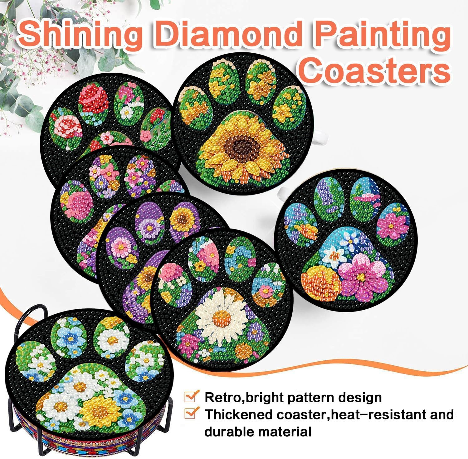 ijbnhd 8 Pack Diamond Art Coasters Kits, Dog Paw Diamond Painting Coasters Kit with Holder, DIY Flowers Diamonds Art Non Slip Coaster Crafts Kits for Adults Gifts 4x4 inch (Cork Wooden Pad)