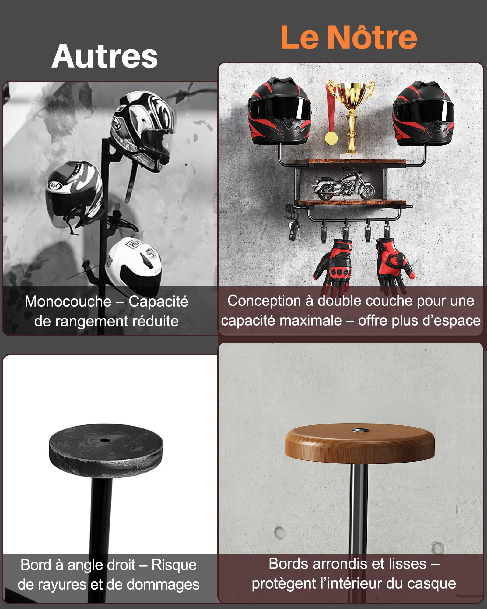 Support Casque Moto pour Accrocher Casquettes et Vestes, Marron
