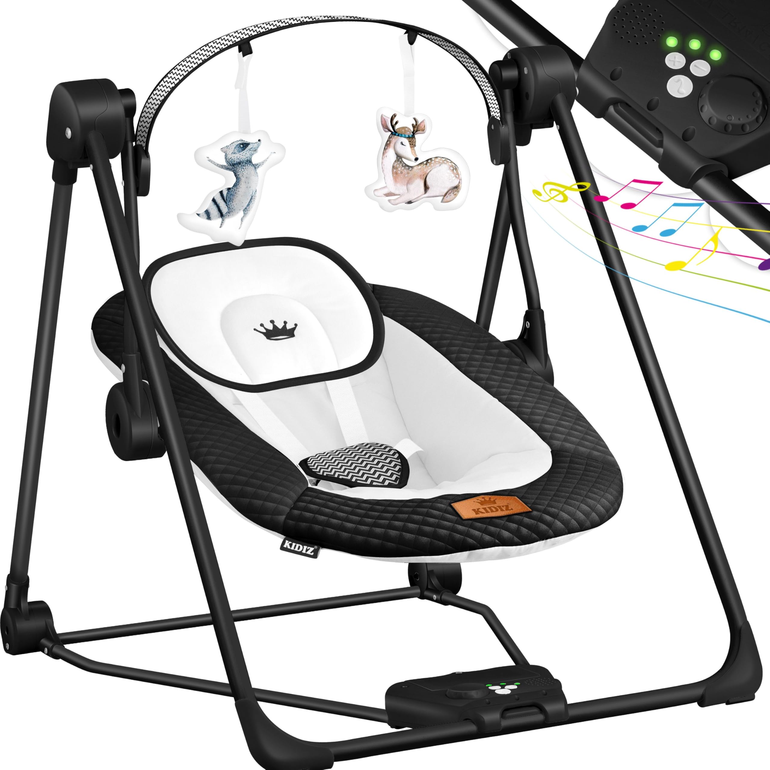 KIDIZ® Babywippe Babyschaukel mit 5 Geschwindigkeitseinstellungen zusammenklappbarer Baby Wippe Schaukel Babyhochstuhl mit Spielbogen Spielzeugen 5 beruhigende Naturgeräusche Schwarz