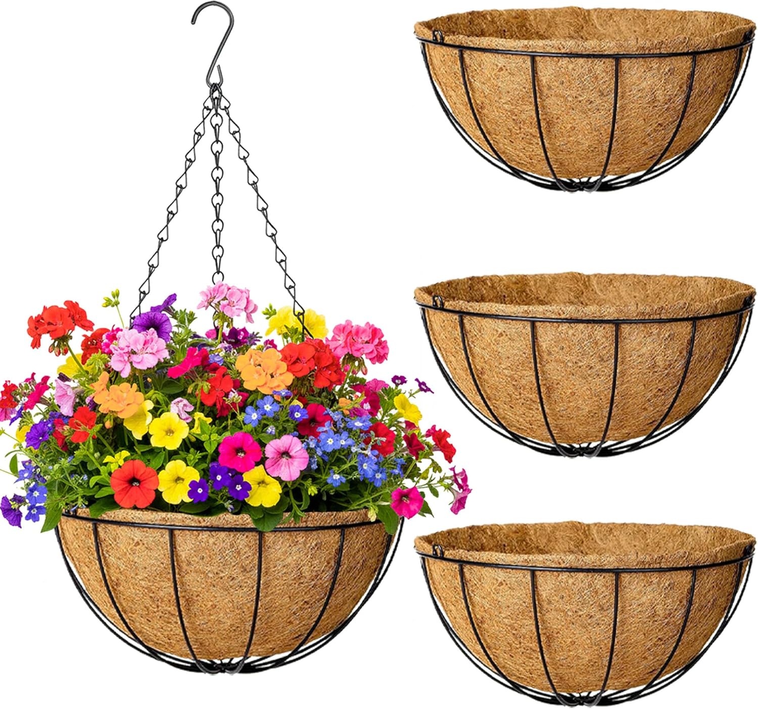 4 Pack Hanging Planters 14 Inch Metal Hanging Planter Basket Flower Pots with Coco Coir Liners Round Wire Plant Holder with Chain for Indoor Outdoor Patio Porch Garden Decoration（XG）