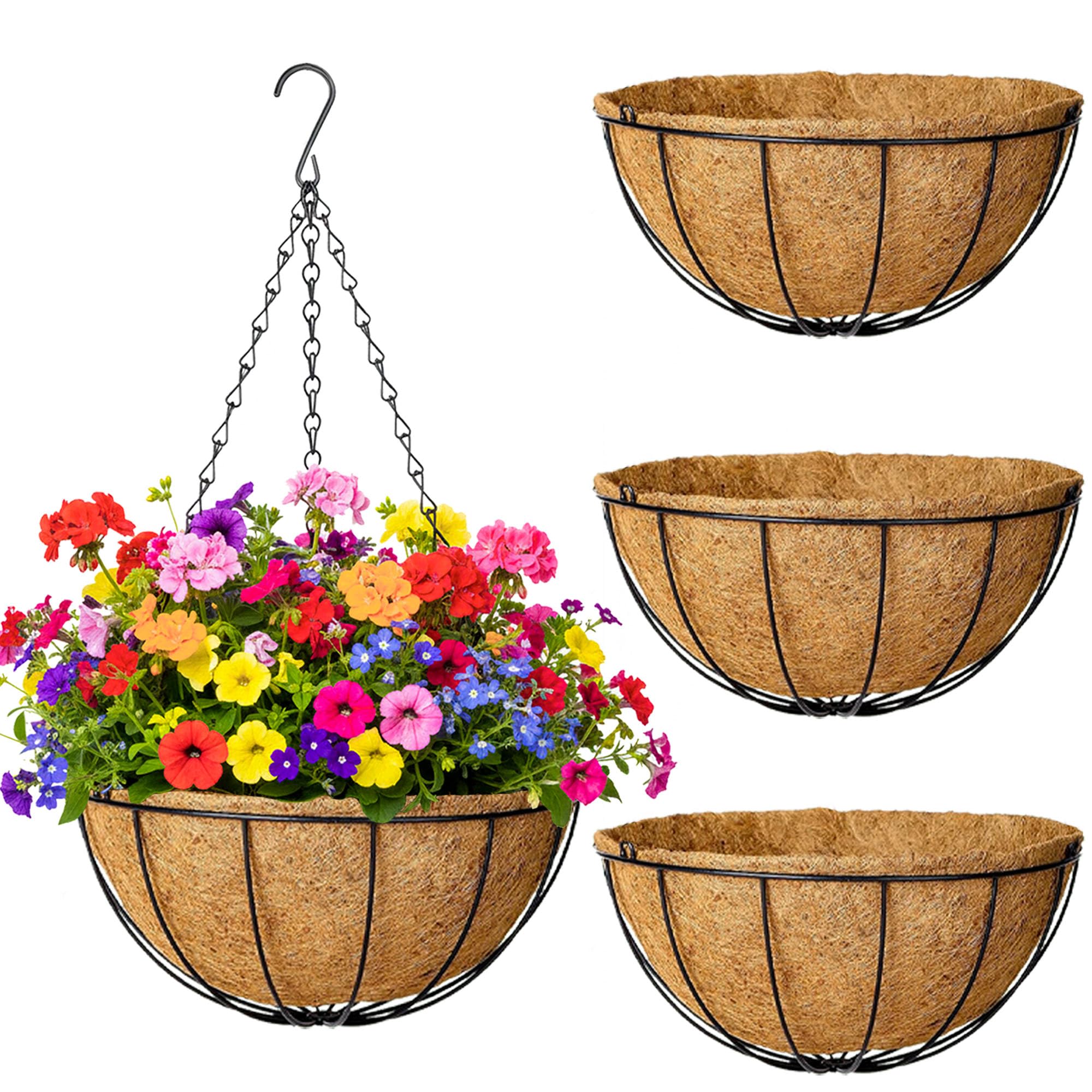 Lot de 4 pots de fleurs à suspendre en métal de 20,3 cm avec doublure en fibre de coco et fil rond avec chaîne pour intérieur ou extérieur, terrasse, porche, décoration de jardin (XG)