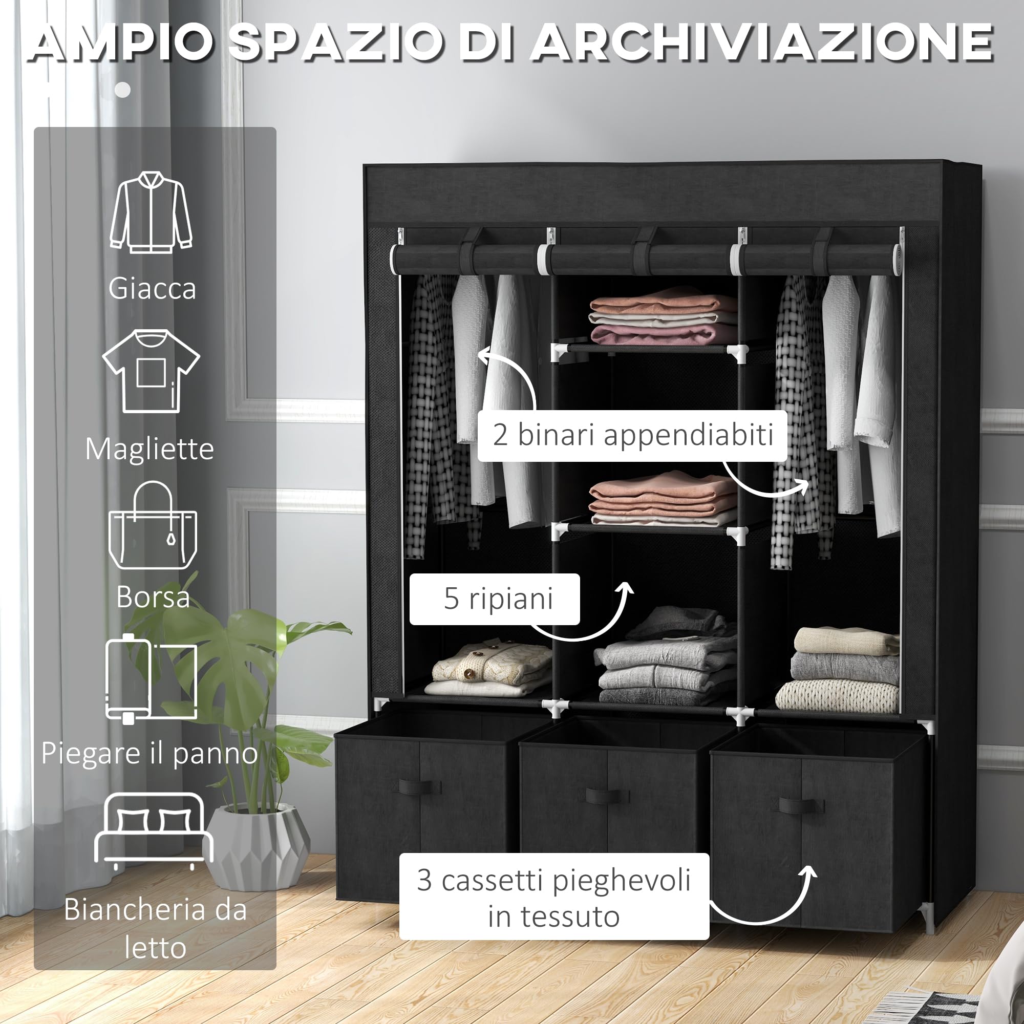 HOMCOM Armadio in Tessuto Salvaspazio, Guardaroba Pieghevole con Ripiani e Cassetti, Ante Avvolgibili con Zip, 125x43x162.5cm, Nero