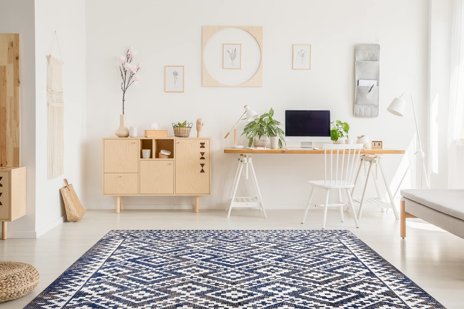 Tapis Mundo Diamants effet 3D bleu beige au tissage structuré unique
