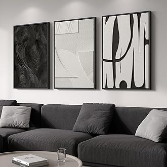 Large 3D Textured Framed Black and White Abstract Wall Art for Living Room, 3 Piece Modern Artwork for Walls, Minimalist Black White Texture Paintings for Hallway Office Wall Decor 24x36 In