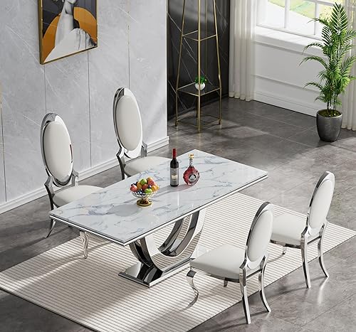 Juego de mesa de comedor de mármol blanco plateado para 4, 5 piezas, juego de comedor moderno con mesa de mármol sintético de 70 pulgadas y 4 sillas