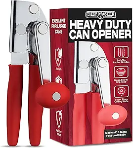 Chef Master Commercial Can Opener Heavy Duty - Manual Hand Crank for Large Cans with Anti-Slip Grip - Stainless Steel Restaurant Can Opener Manual for Seniors, Kitchen, Bars & Food Trucks - 90056