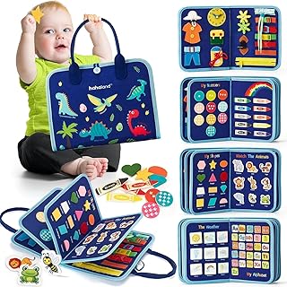hahaland Busy Board - 7-in-1 Montessori Toy, Activity Board, Motor Skills Toy for Toddlers, Interactive Learning Toy, Busy Book for Travel, Car, Plane, Gift for Boys and Girls (Dinosaur)