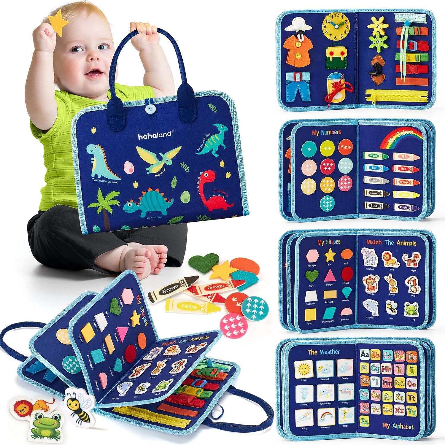 hahaland Busy Board - 7 in 1 Montessori Spielzeug ab 3 Jahre, Activity Board Motorikspielzeug für Kleinkinder, Interaktives Busy Book für Reise Auto Flugzeug,Geschenk Jungen Mädchen(Dinosaurier)