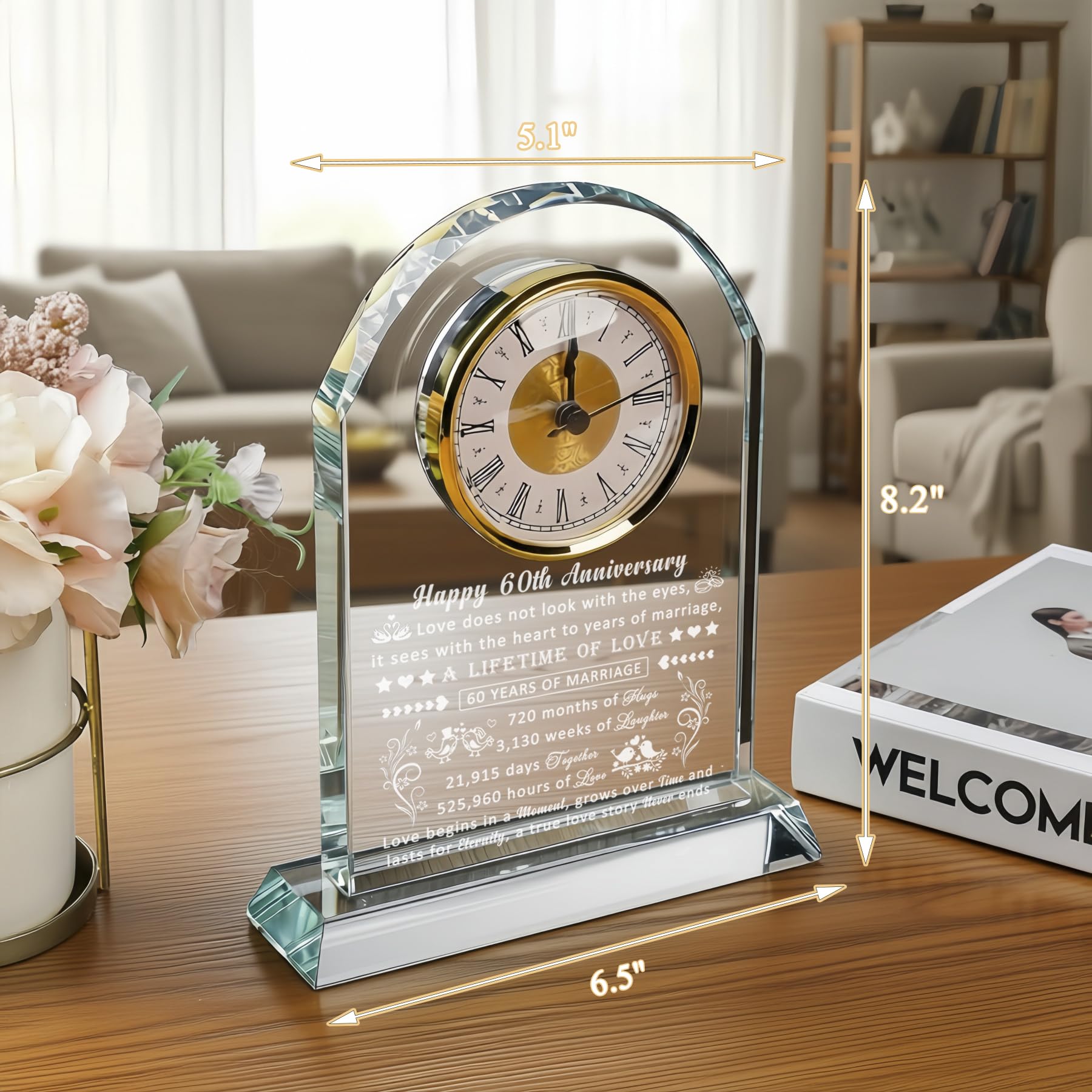 60th Wedding Anniversary Glass Quartz Clock Gifts for Women Men, 60 Year Anniversary Romantic Gift for Him Her, Diamond Anniversary Clock Gifts for Couple, 60 Years of Marriage Gifts