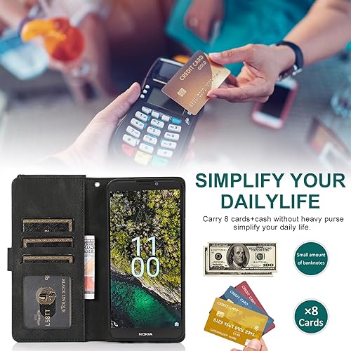 Miniatura 6 de Asuwish Compatible con Nokia C100 4G LTE N152DL - Funda tipo cartera de vidrio templado con protector de pantalla y cremallera de cuero retro,