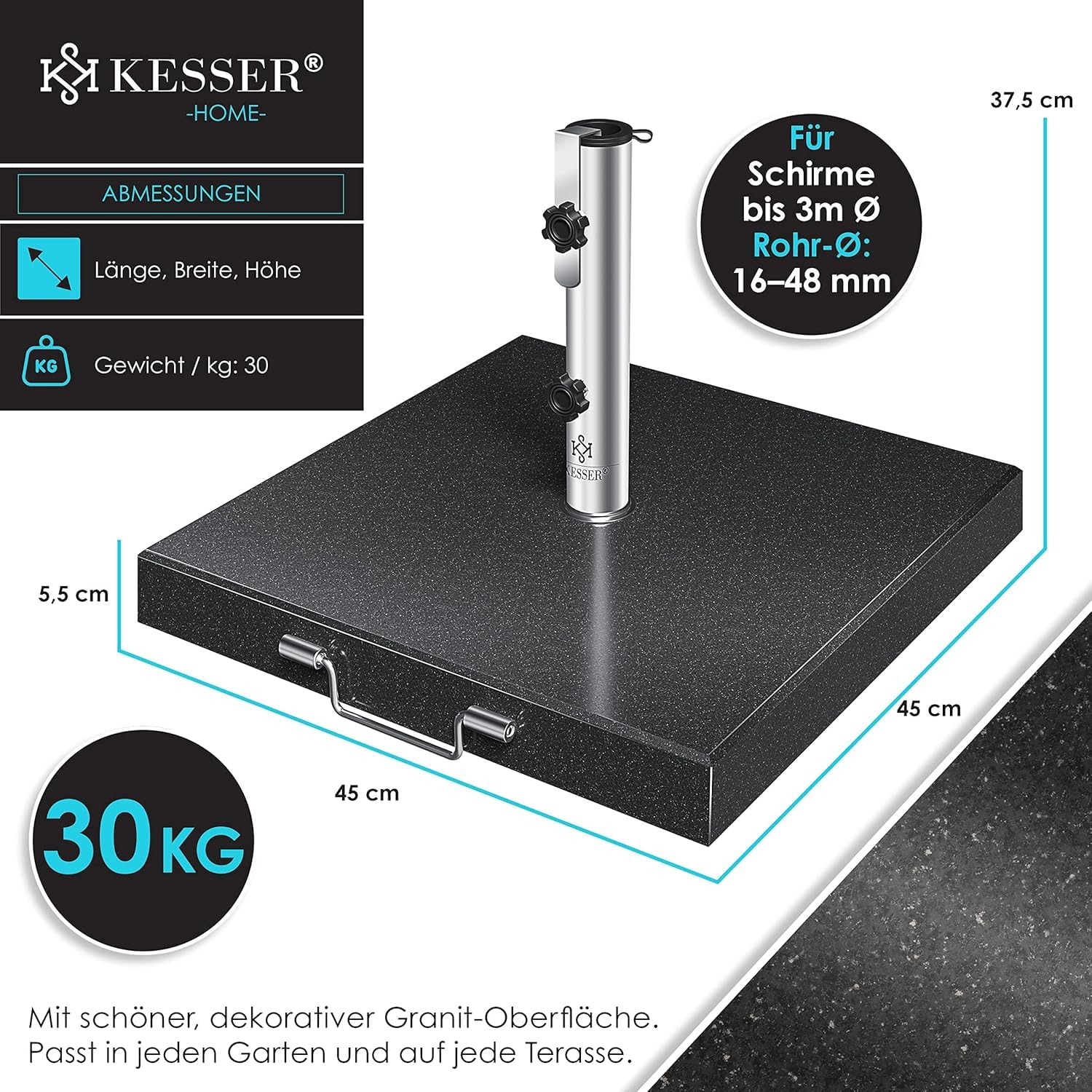 KESSER® Granit Sonnenschirmständer mit Edelstahlrohr, Hochwertiger Schirmständer Quadrat Sockel 30KG - für Schirmstöcke bis 16-48 mm, Inkl. Transport Griff Garten Balkonschirmständer, Anthrazit