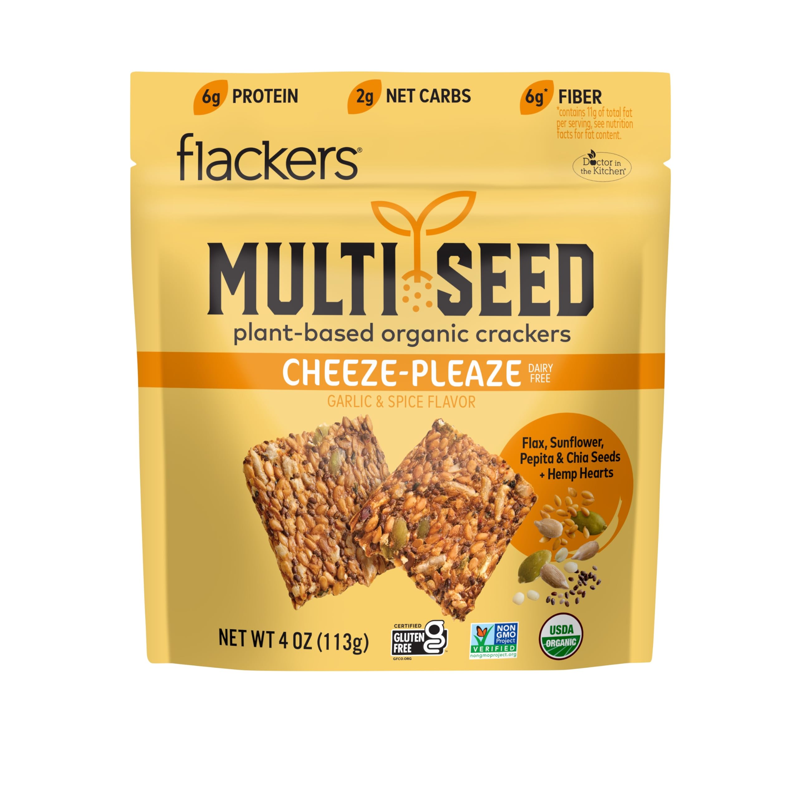 Flackers Organic Cheeze-Pleaze Multi-Seed Crackers, 4 Ounce 1-Pack, Gluten Free, Non GMO, Vegan, Keto Snack, 6g protein, 6g Fiber, 2g Net Carbs