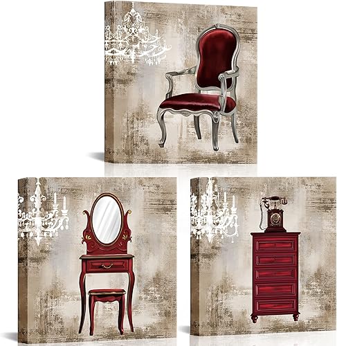 LoveHouse Decoración de pared de baño color burdeos, lámpara retro para pared, muebles, lienzo impreso, imagen moderna para dormitorio de niña,