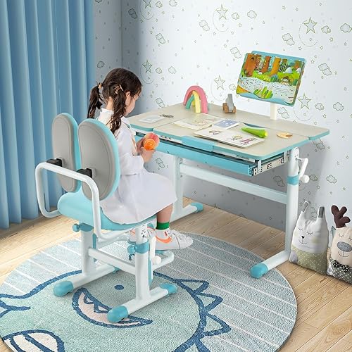 Miniatura 8 de Costzon Escritorio para niños, mesa de estudio ergonómica de altura ajustable para niños con escritorio inclinable y soporte para libros, cajón de