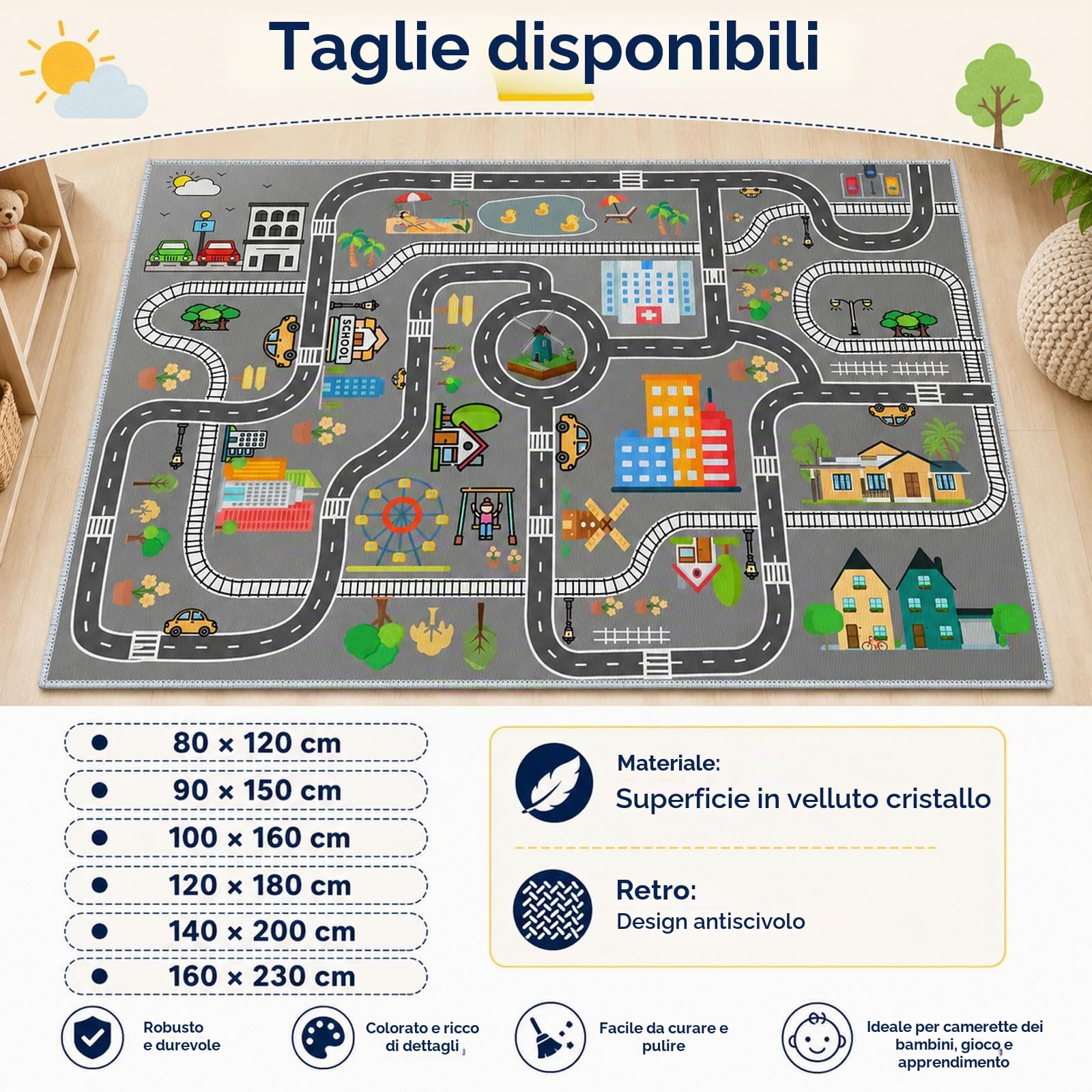Tappeto Pista Macchinine Strade Antiscivolo Lavabile Gioco per Cameretta Ragazzi e Ragazze (A,90x150cm)