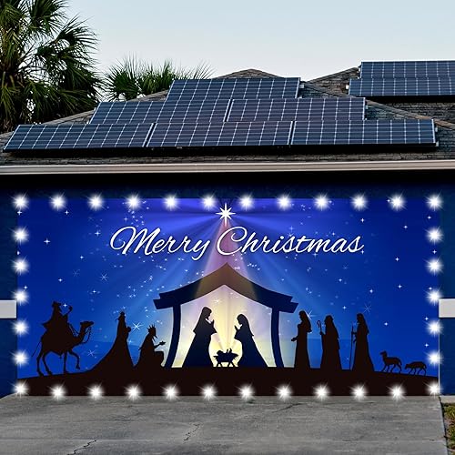 Miniatura 7 de Preboun Pancarta de Navidad religiosa para puerta de garaje, 6 x 13 pies, fondo de Navidad azul iluminado con escena de pesebre religiosa, pancarta