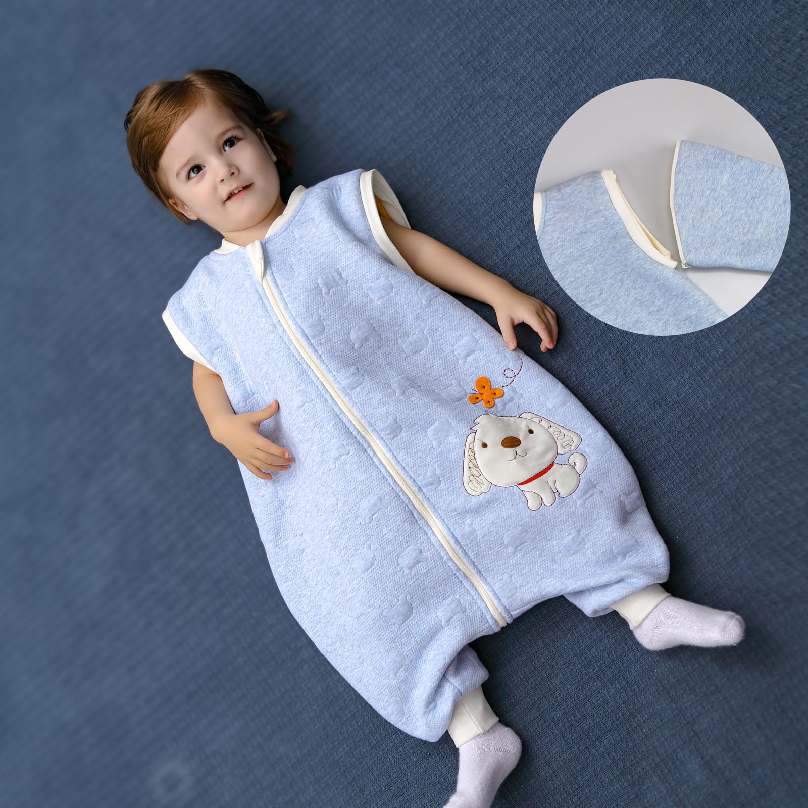 Sacco nanna invernale a maniche lunghe, per bimbe e bimbi, con aperture per i piedi e motivo di cagnolino, in cotone, unisex, per tutto l'anno, Blu 36-48 Monate