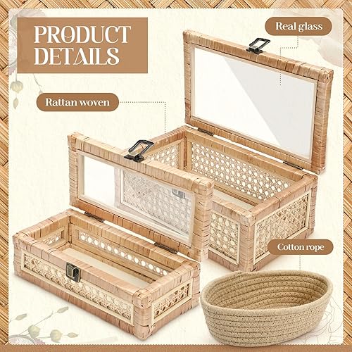 Miniatura 3 de Juego de 2 cajas decorativas de ratán bohemio con tapa de vidrio, cajas apilables rectangulares de caña tejida para exhibir cestas rústicas de