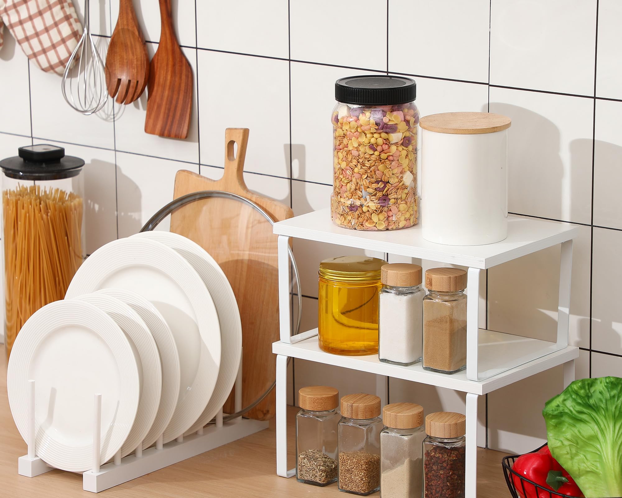Marsui Set di 4 accessori da cucina per armadietti, mensole e piatti in bambù per scolapiatti, ripiani per portaspezie, piatti, coperchi per pentole, ciotole, tazze (bianco)