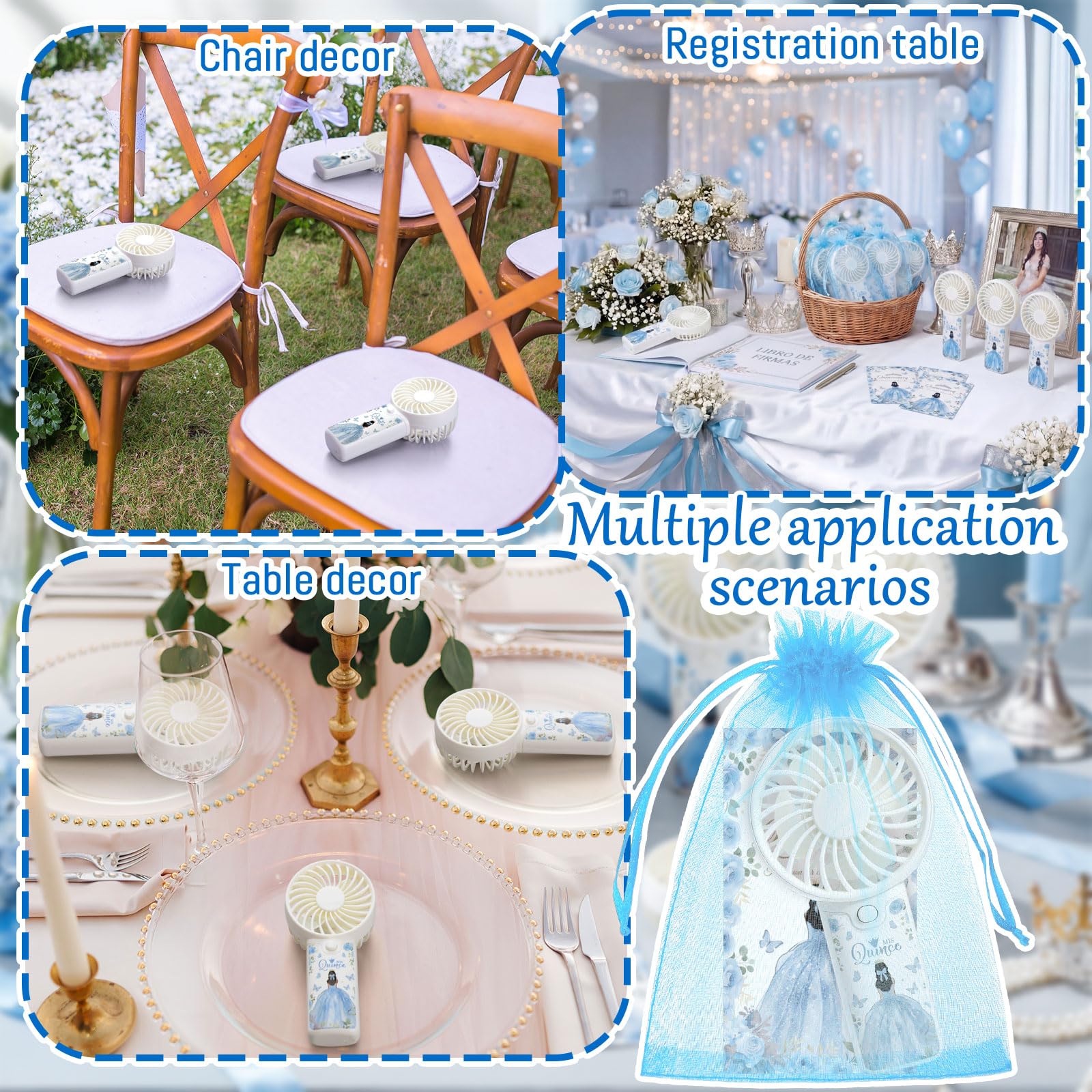 Tuanse Juego de 25 recuerdos para 15 años de quinceañera, recuerdos de fiesta para fanáticos de quinceañera, regalos para invitados, ventiladores eléctricos portátiles de mano con tarjetas de