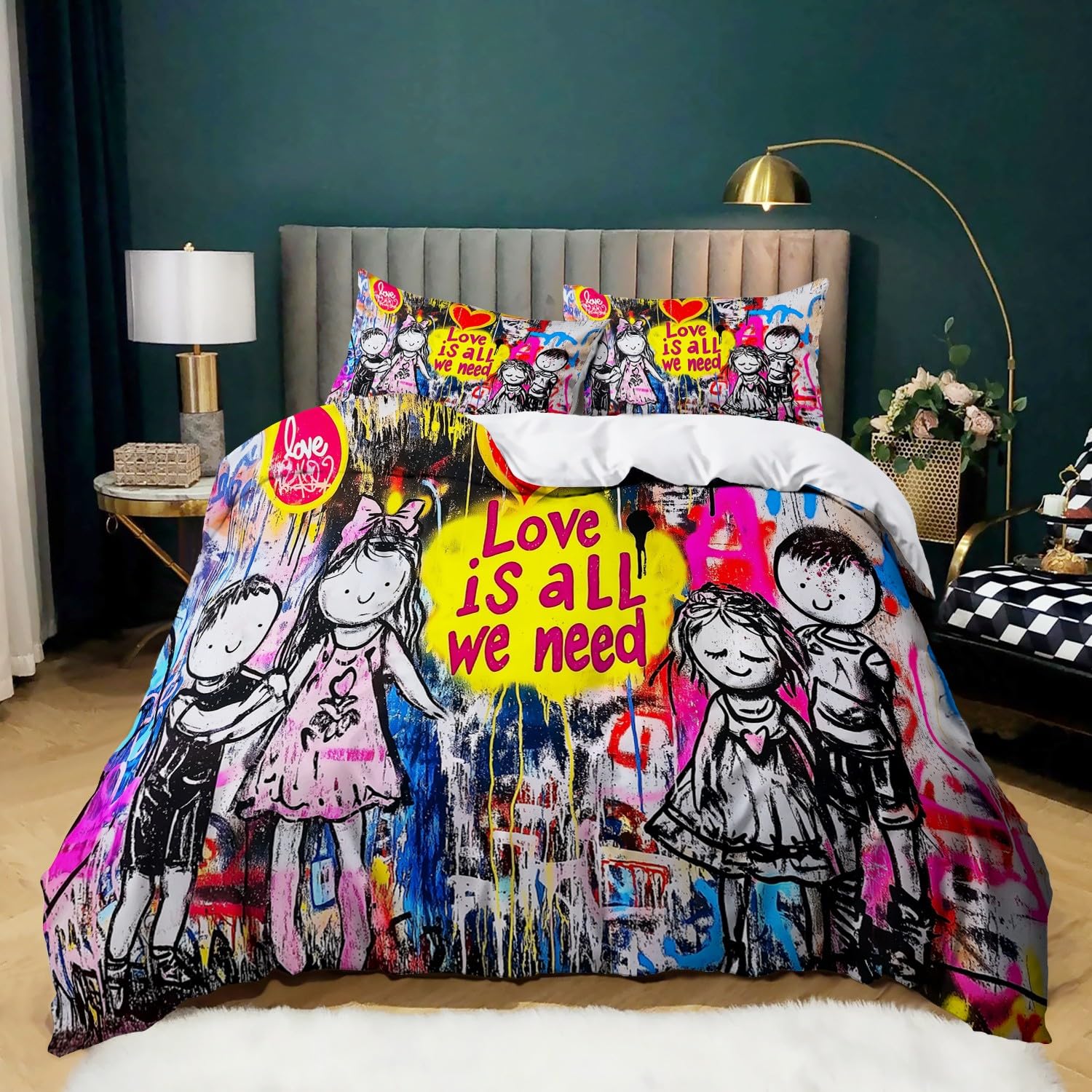 Pintada Funda Nordica Cama 90 de 3 Piezas Niño y niña Pintados Juego de Funda Nordica 150x200 cm Suave Transpirable y 2 x Fundas de Almohada de 50x75 para Ropa de Cama Infantil Niño Chico Niña