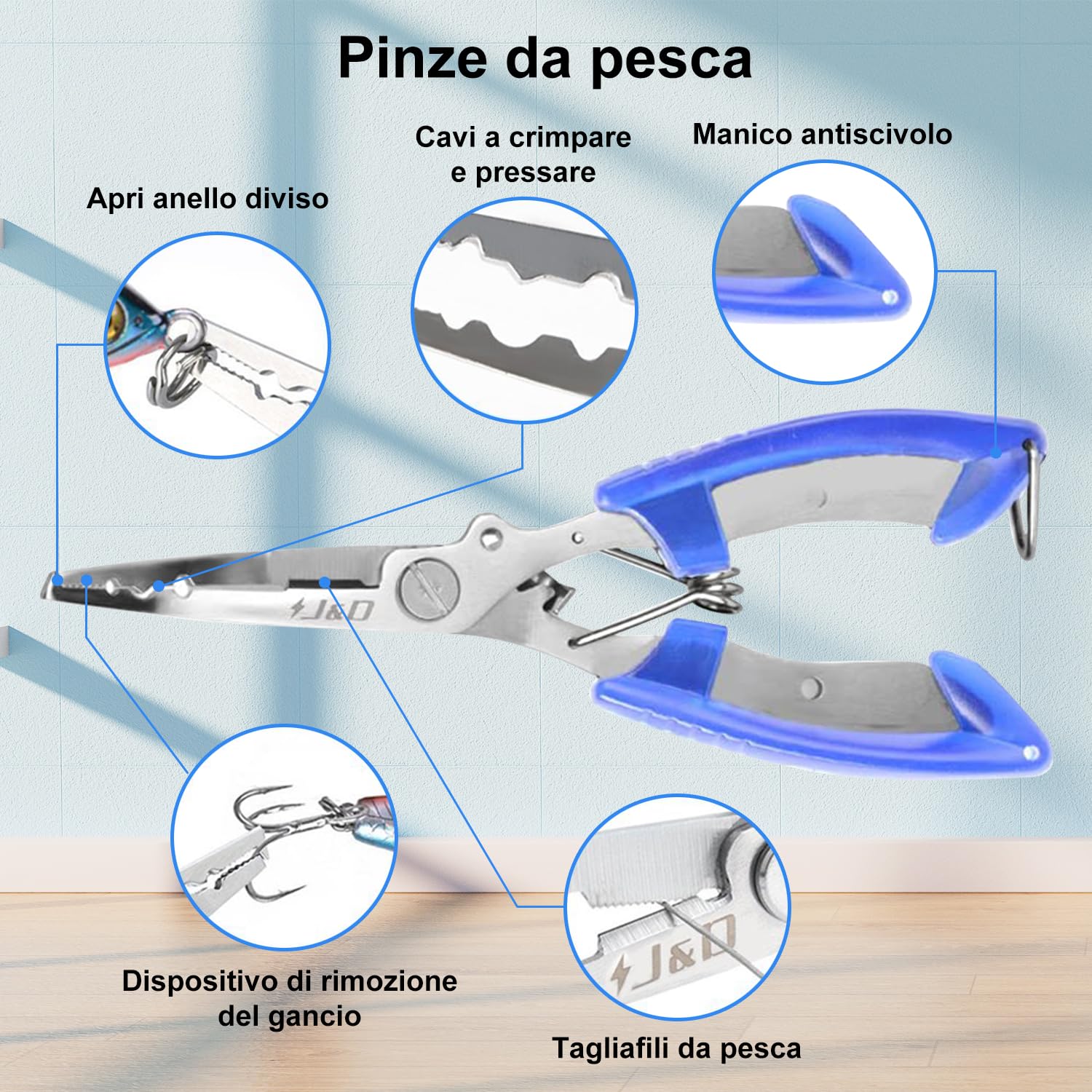 J&D Pesca Pinze e Pesce Labbra Gripper Imposta, Multifunzionale Inossidabile Acciaio Pesca Pinza Attrezzi Gancio Rimozione Strumento con Sicurezza Arrotolato con Fodera e Cordino