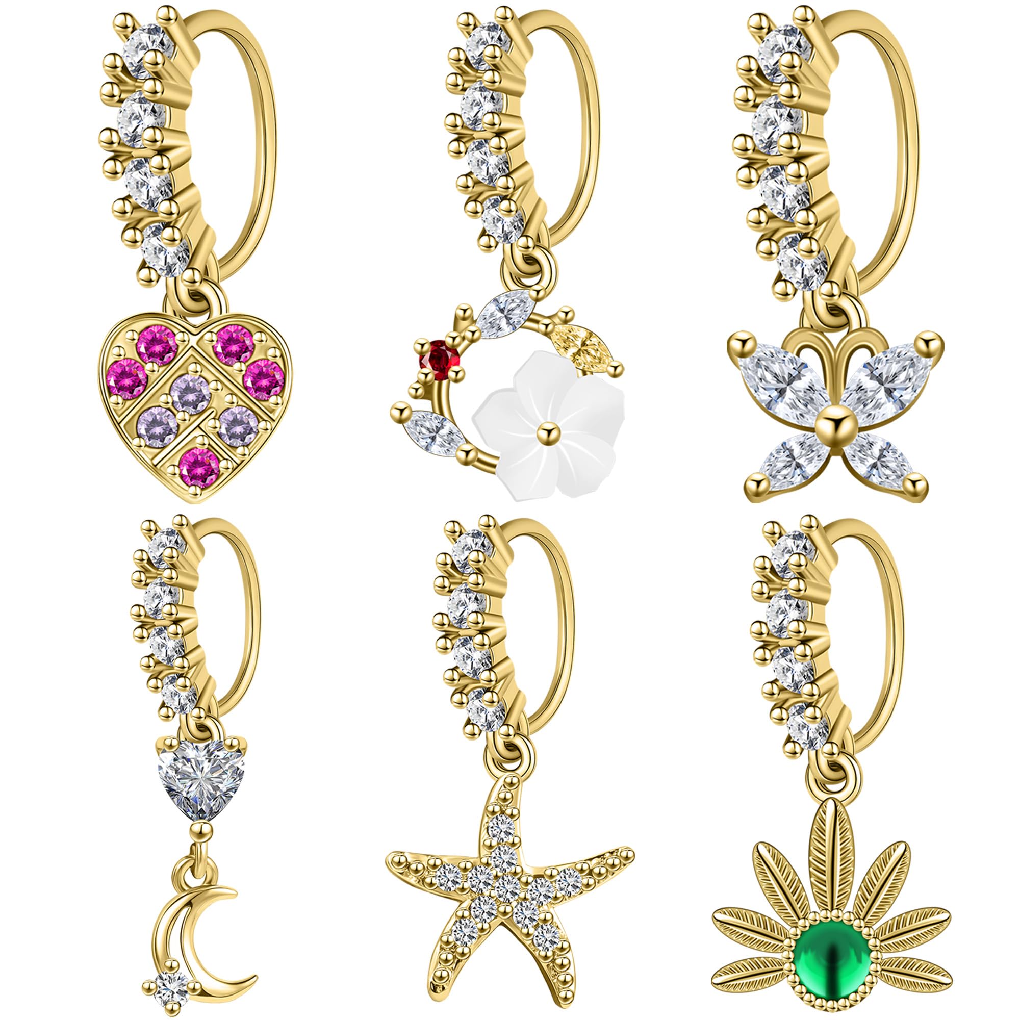 AccGin Dangle Nose Rings Hoops for Women 20G Nose Piercing Jewelry Set Copper Hypoallergenic Cartilage Earrings with CZ Flower Leaf Star Butterfly