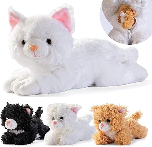PREXTEX Juguetes de Peluche de Gato Animal de Peluche con 3 Gatos Animales de Peluche Bebés - Cremalleras de Gato Grande 3 Pequeños Gatitos