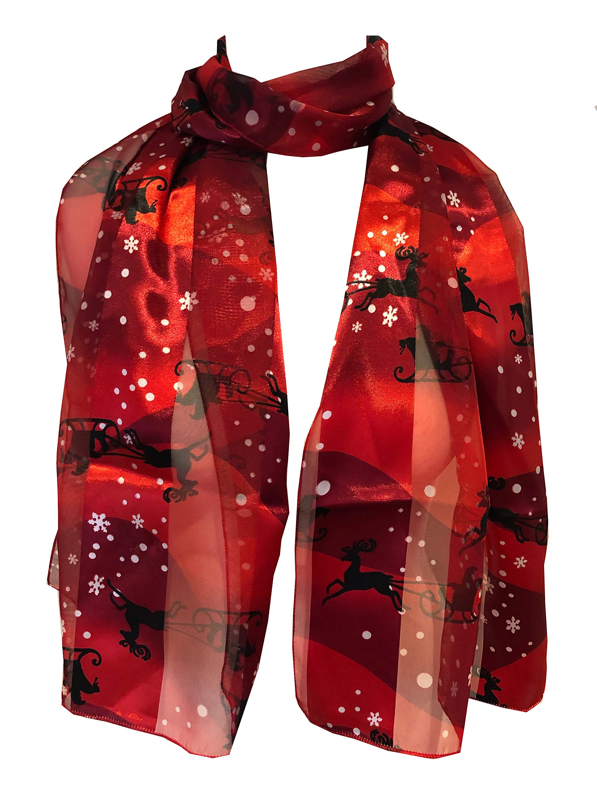Pamper Yourself Now Women's Red With Snowflakes And Santa On A Sledge Design Thin Pretty Christmas Scarf