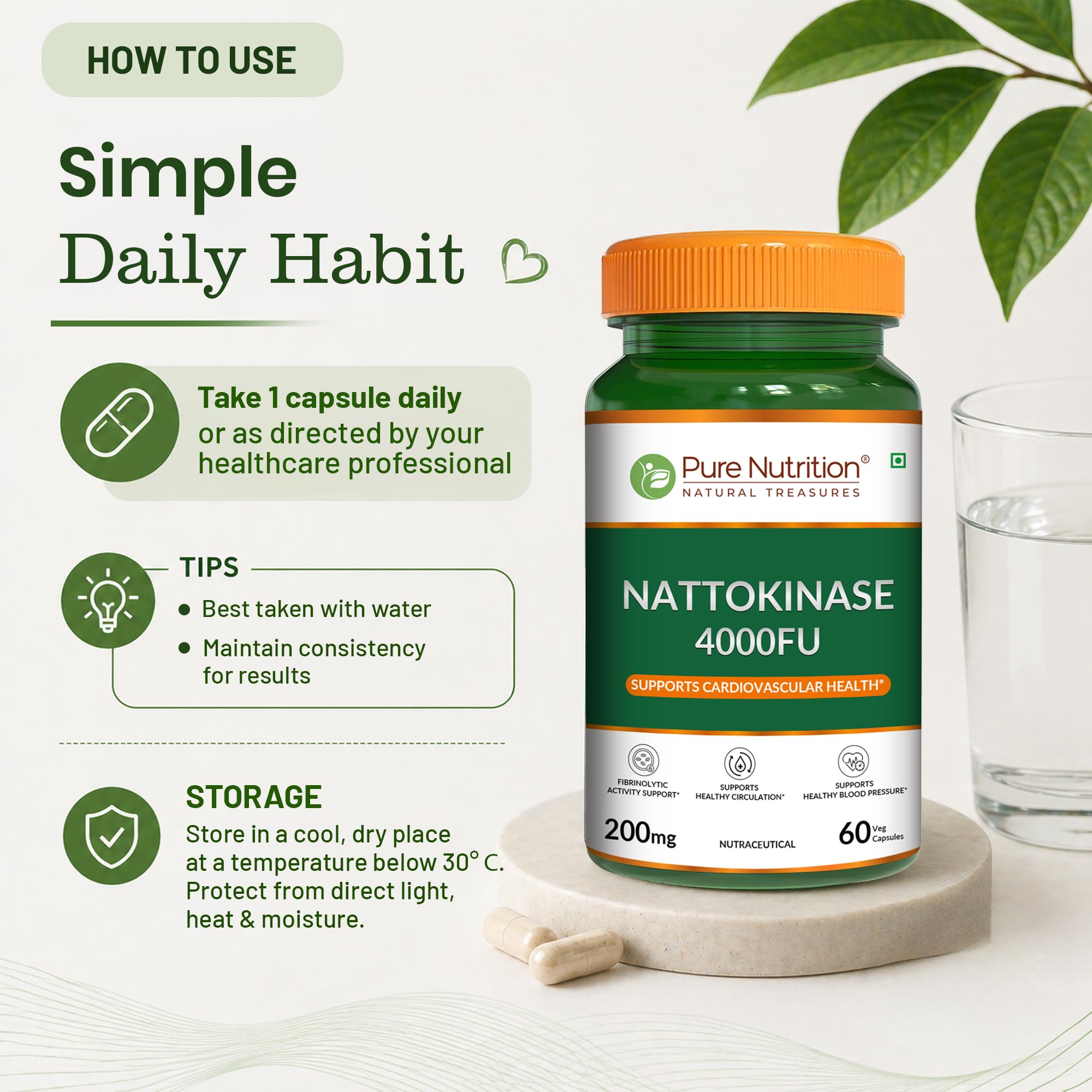 Pure Nutrition Nattokinase 4000 FU 200mg 60 Veg Capsules | Fermented Soy Natto Extract Enzyme | Cardiovascular & Circulation Support Supplement | High Potency Fibrinolytic Formula 4