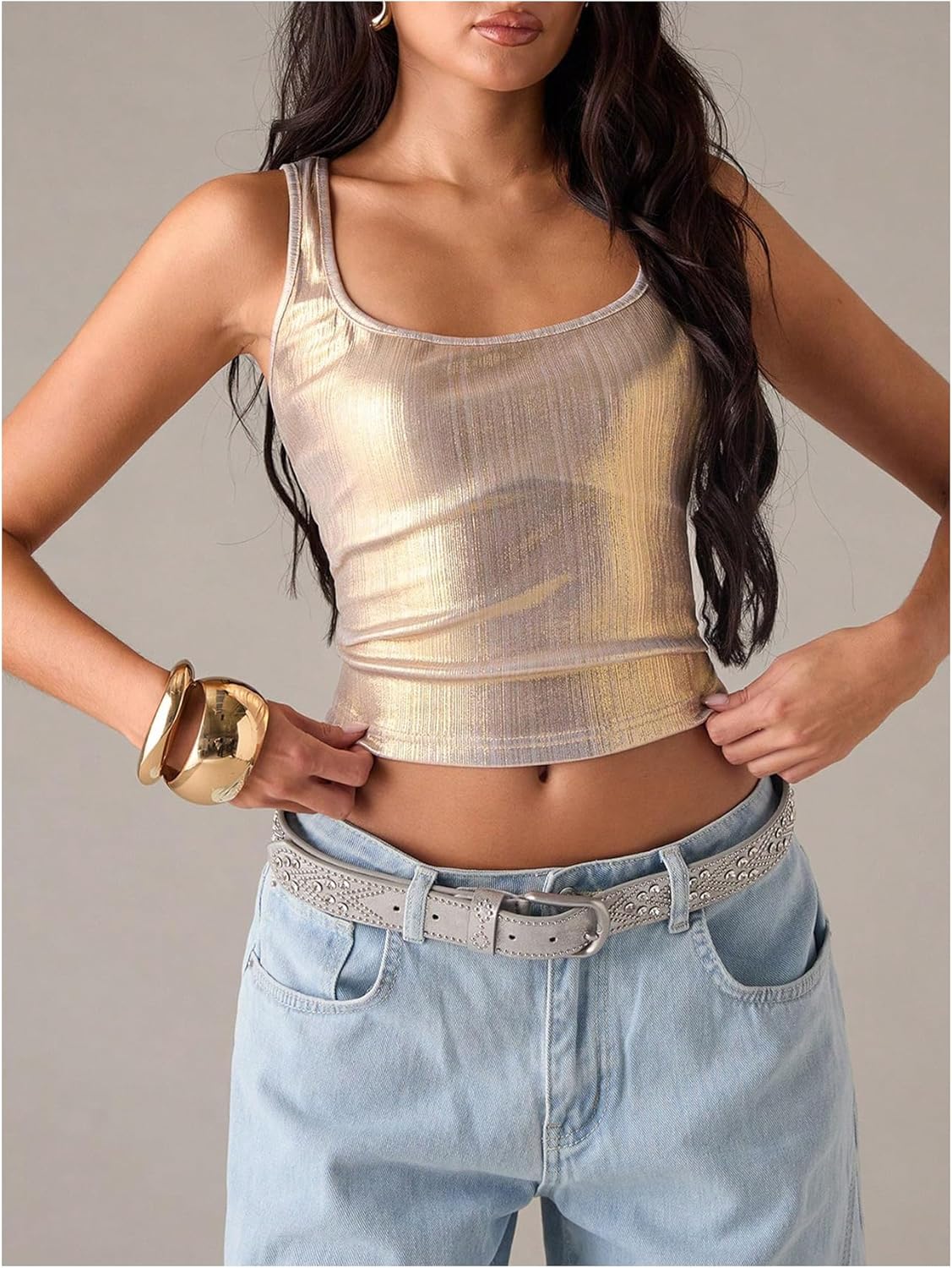 MakeMeChic Women's Metallic Square Neck Crop Tops Y2k Sleeveless Fitted Party Rave Top - Image 3